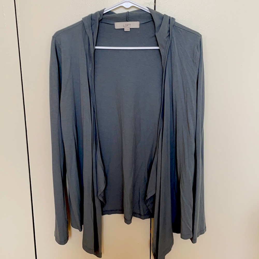 Color - aqua (grey/blue) lightweight hooded cardigan.